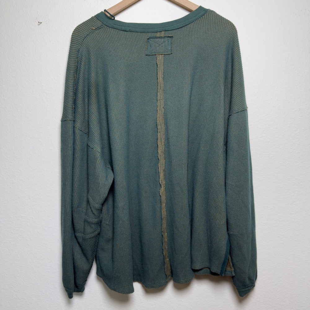 We The Free Women Cotton Thermal Top Large Green Waffle Chunky Knit Oversize - Picture 6 of 9